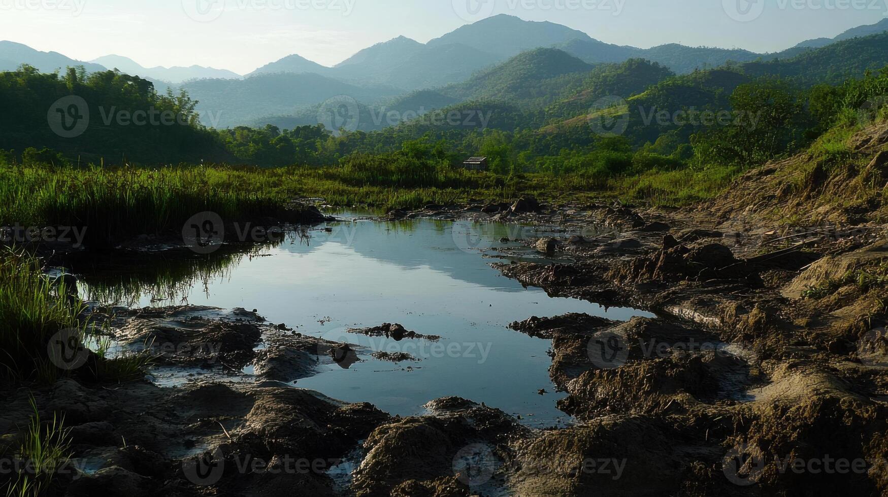 polluted mountain range with stagnant water and no wildlife present photo