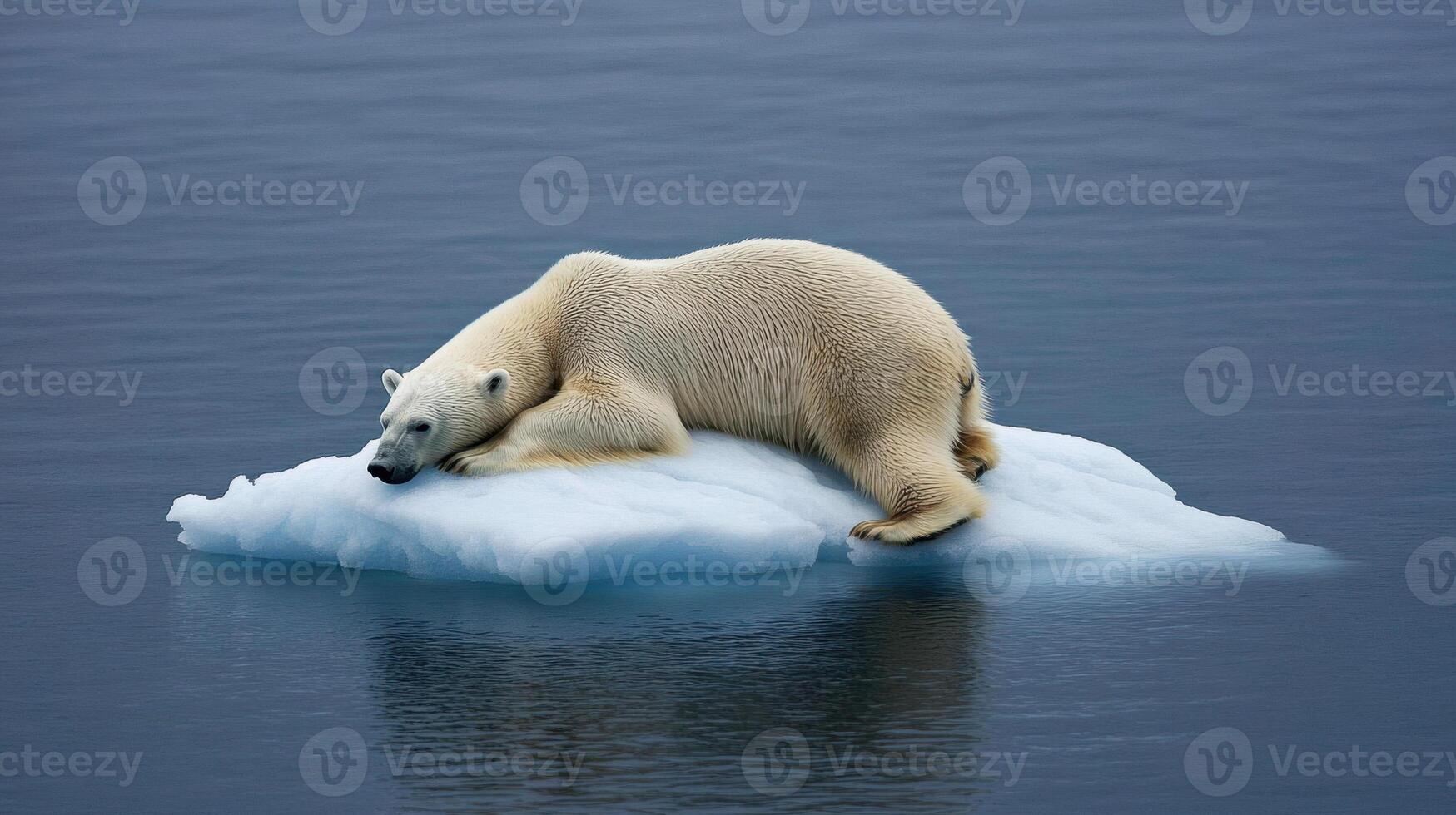 polar bear resting on small ice floe in calm sea, showcasing its natural habitat photo