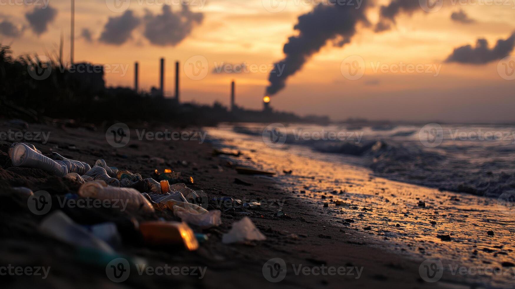 Polluted beach with plastic waste and smoke from nearby factories at sunset photo