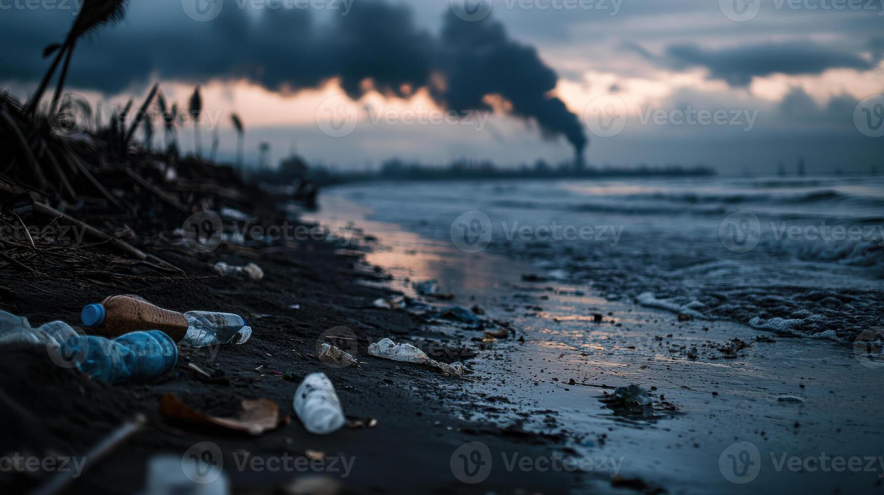 polluted beach with plastic waste and smoke from nearby factories evokes concern photo