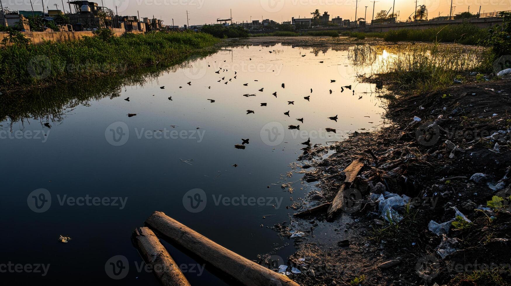 polluted wetland with stagnant water, debris, and birds flying above photo