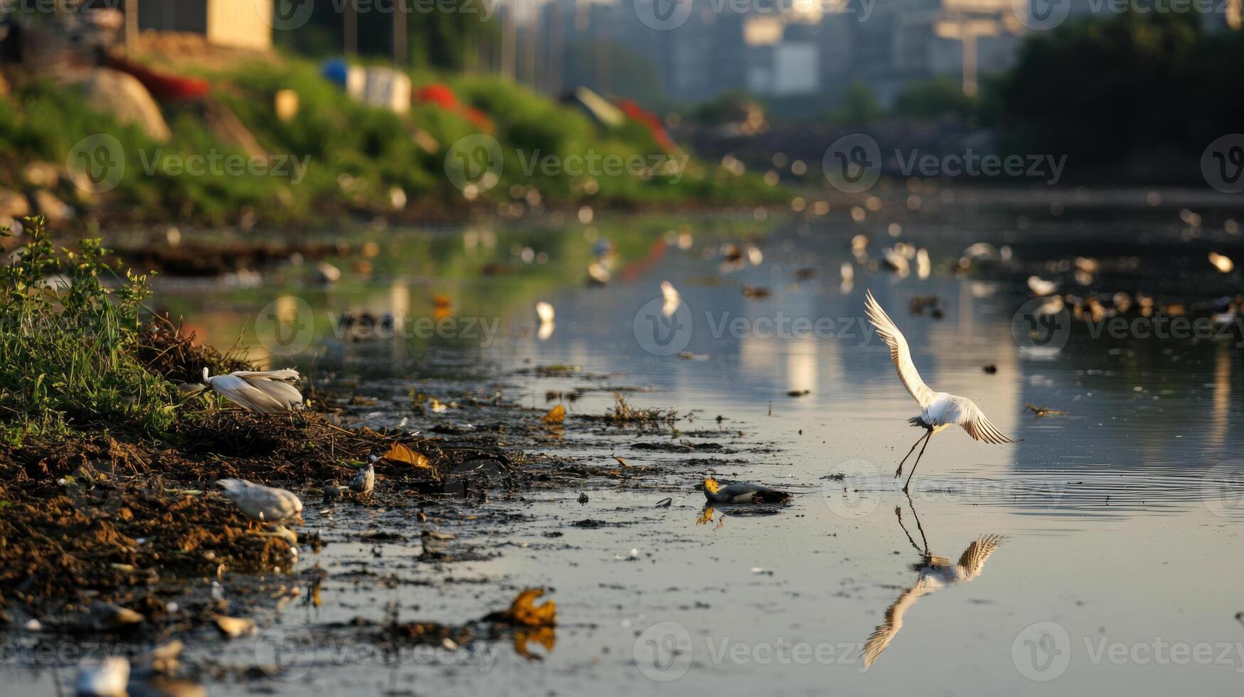 polluted wetland with birds struggling to survive in contaminated environment photo