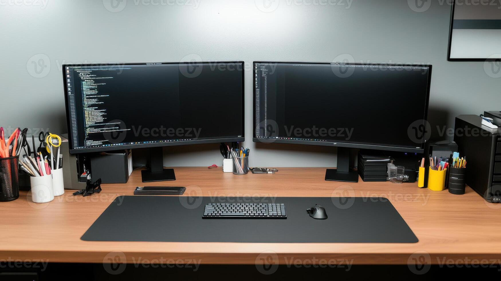 Two computer monitors on a desk with a keyboard and mouse photo
