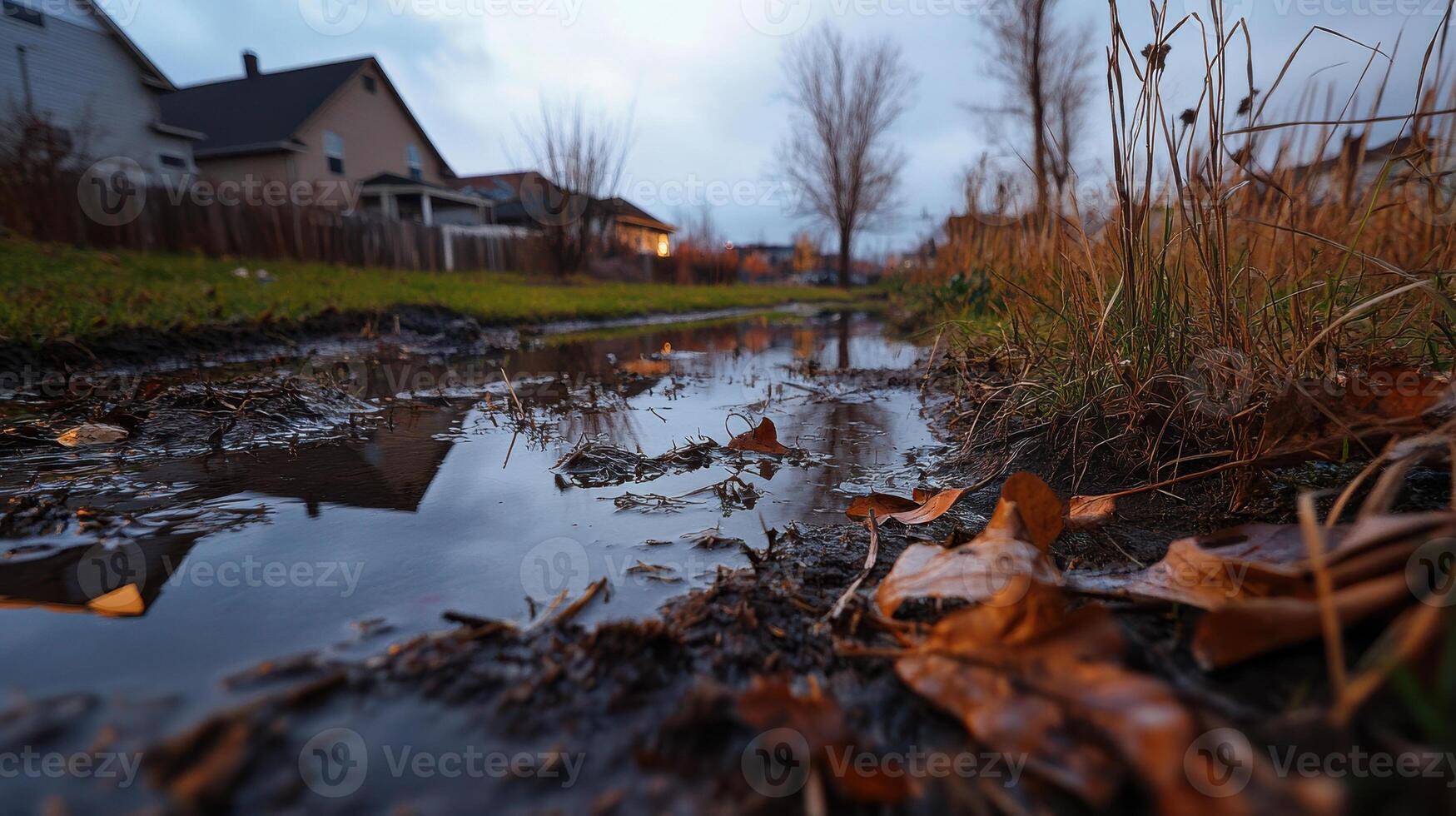 suburban backyard with muddy water, dead grass, and fallen leaves photo