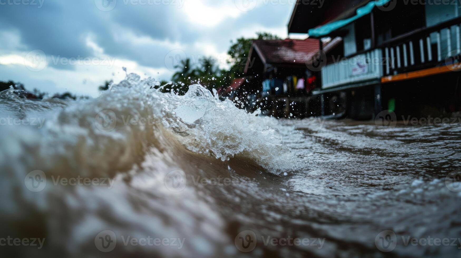 powerful wave crashing near flooded coastal villa, showcasing nature force photo