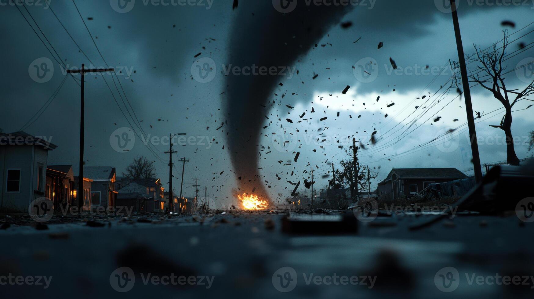 powerful tornado wreaks havoc in small town, debris flying everywhere photo
