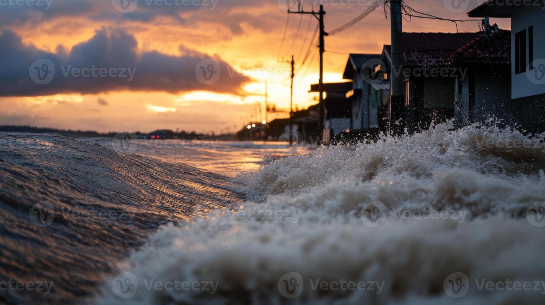 powerful typhoon causes waves to crash against coastal homes at sunset photo