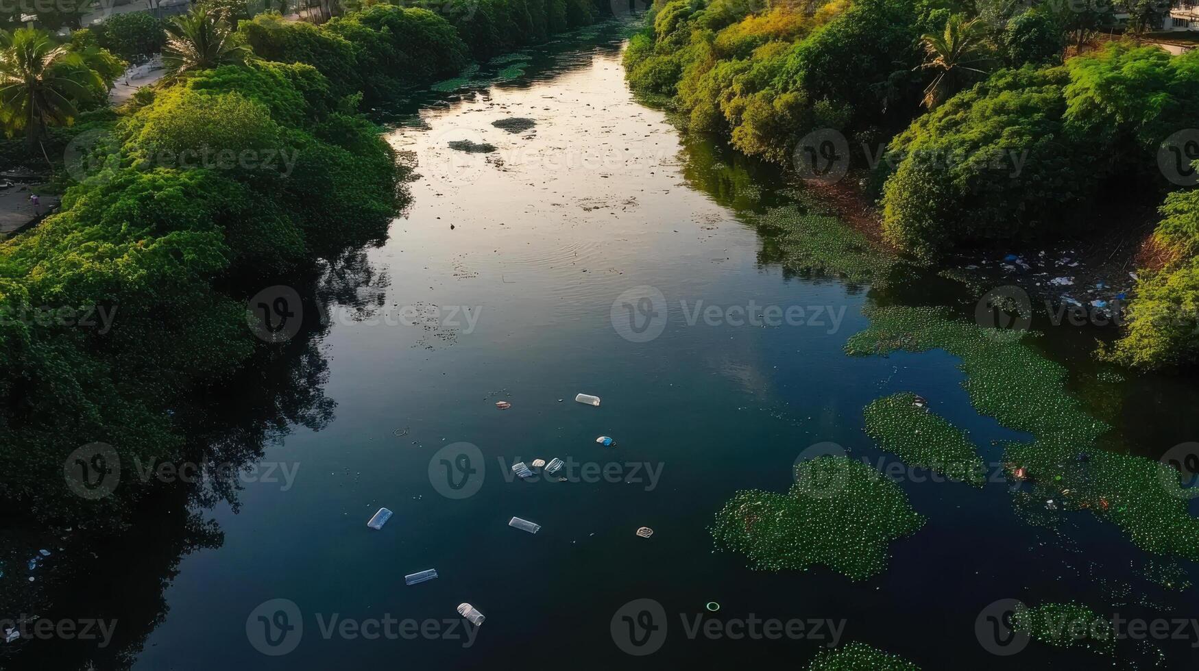 polluted river with floating plastic waste and green vegetation reflects environmental issues photo