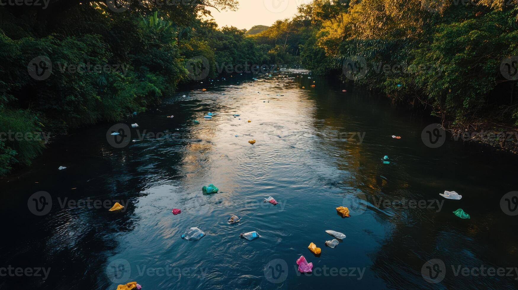 Polluted river with floating plastic bags and bottles, reflecting nature beauty photo