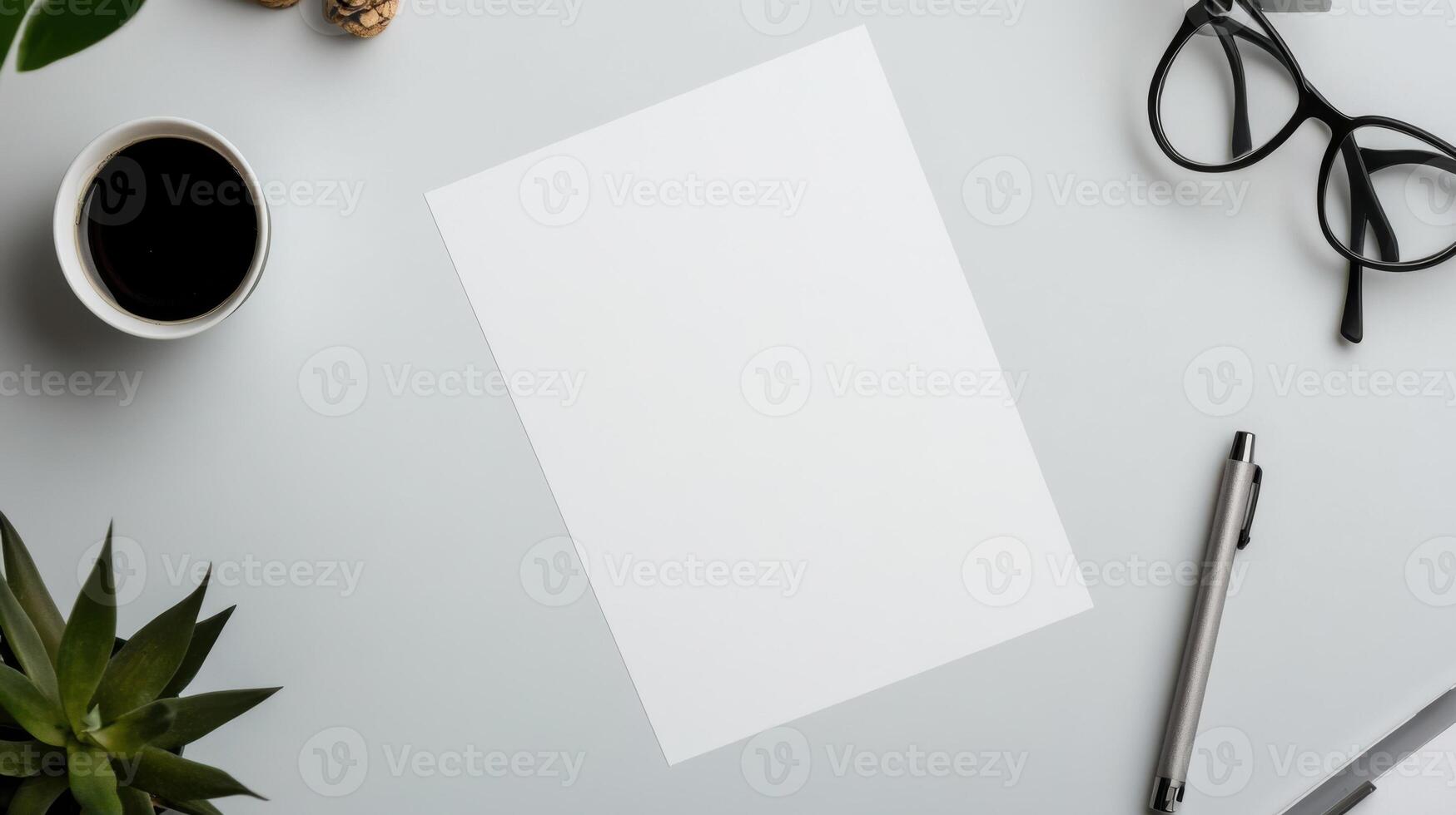 clean workspace with blank sheet of paper and coffee photo