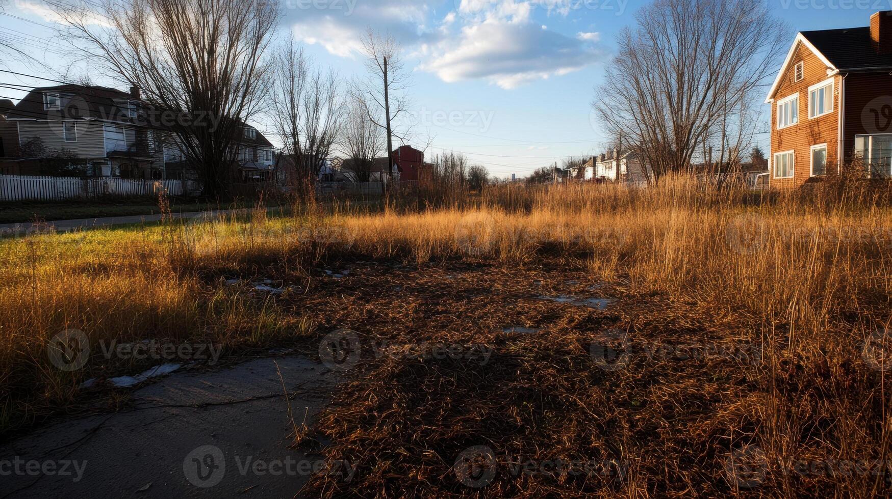 neglected suburban backyard with overgrown grass and dry patches photo