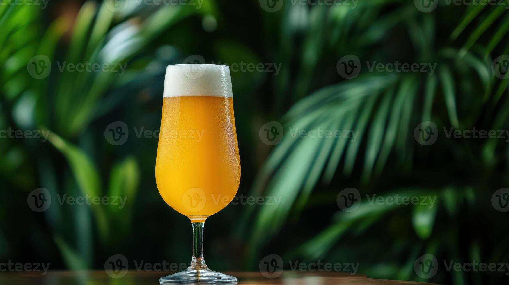 A glass of beer sitting on a table in front of a green plant photo