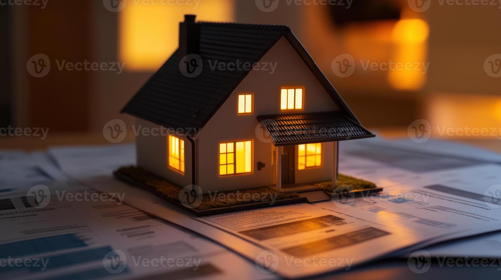 small model house on documents representing real estate investment photo