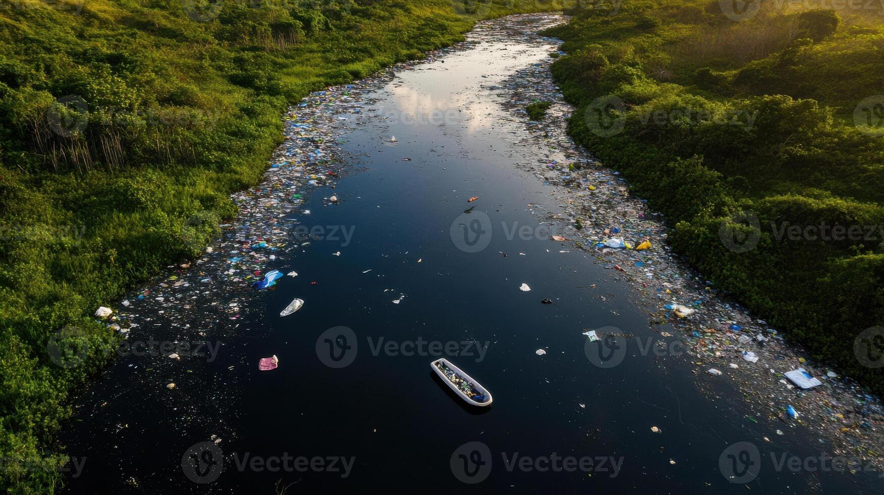 river overflowing with plastic waste, highlighting pollution photo