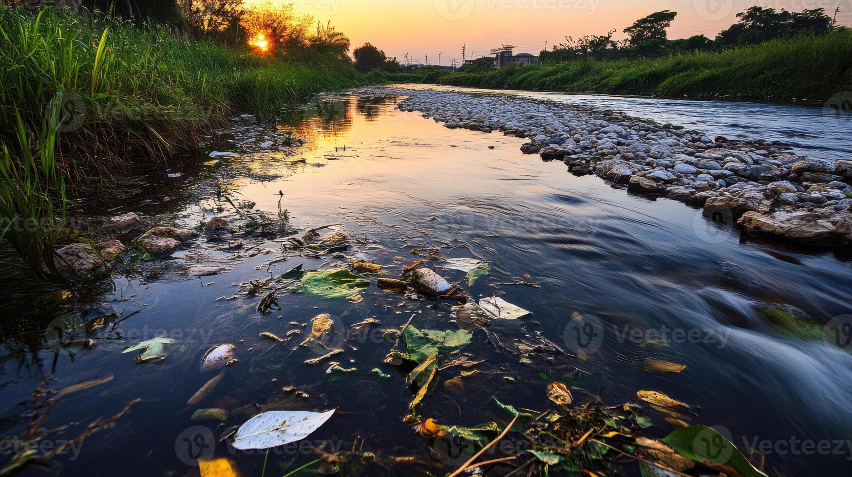 Polluted river with toxic waste and debris at sunset photo