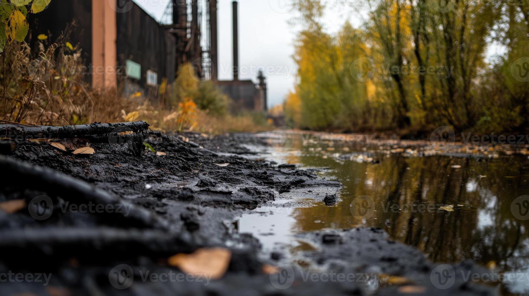 riverbank near factory with oily water and autumn foliage photo