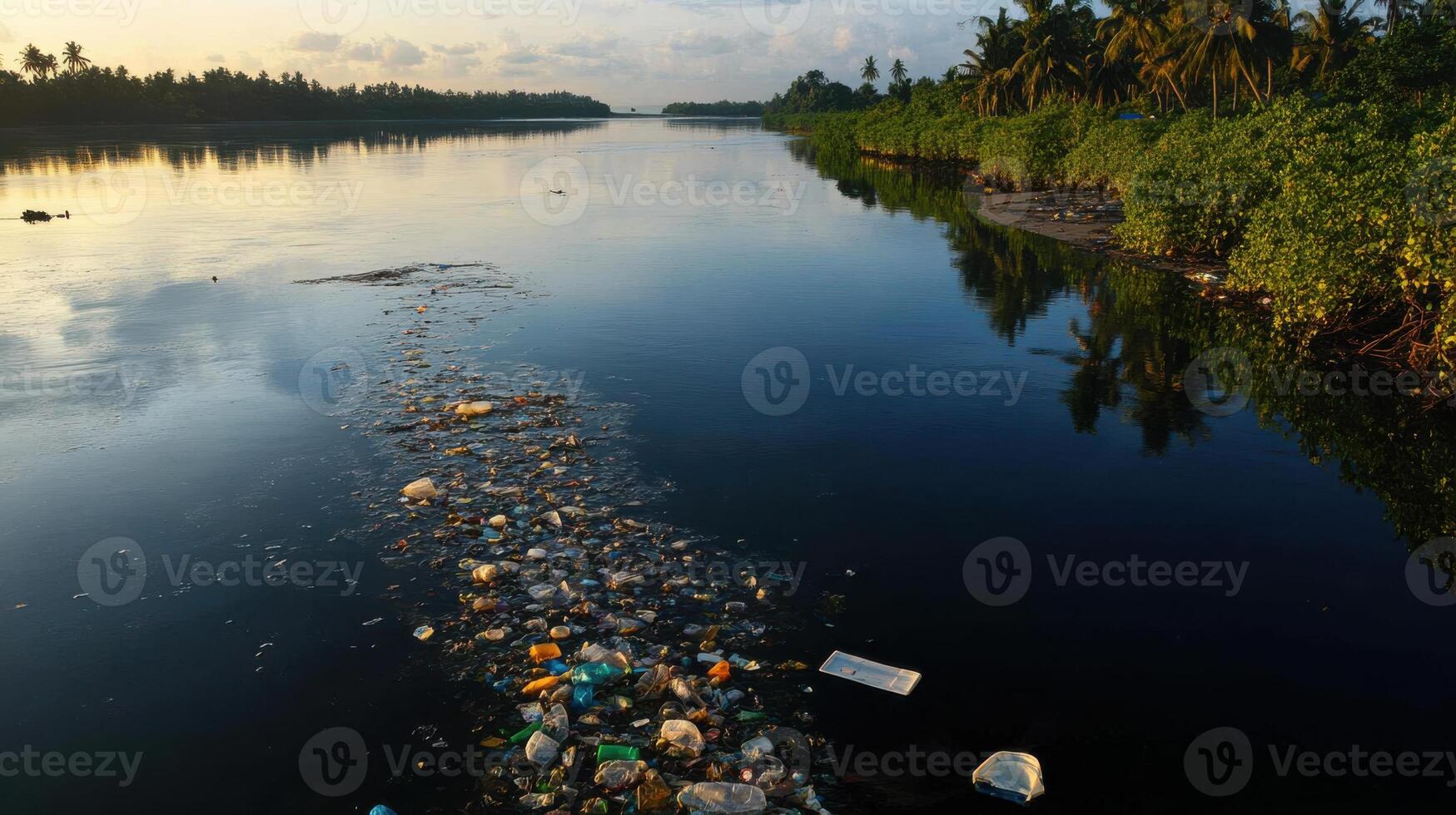 river overflowing with plastic waste, reflecting environmental photo