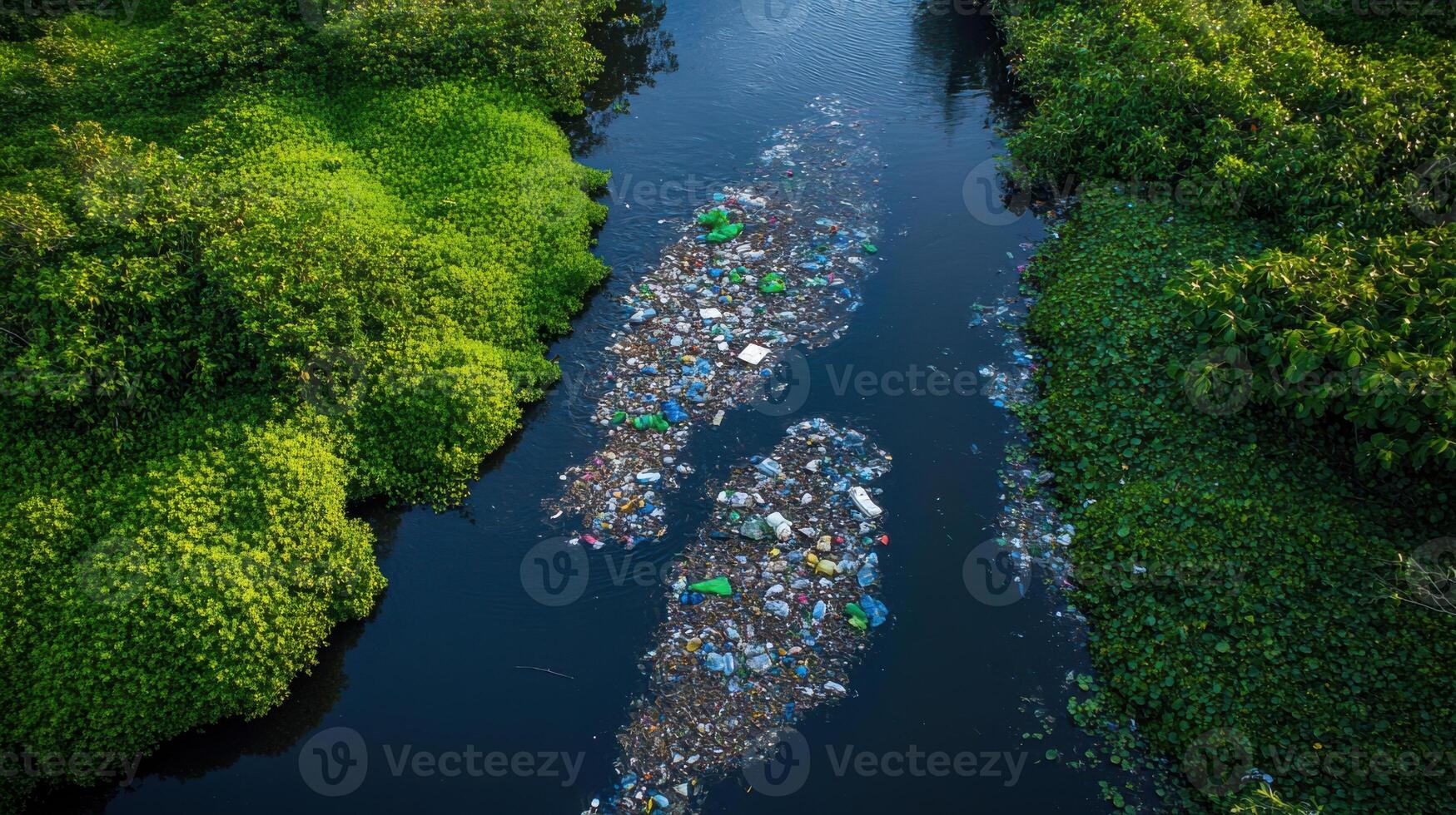 river overflowing with plastic waste surrounded by greenery photo