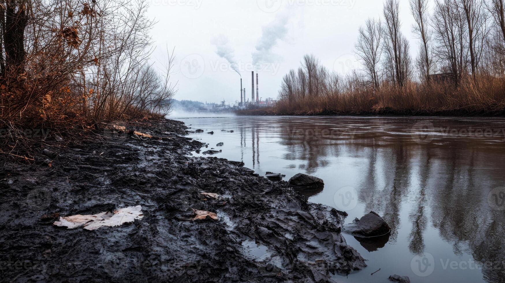 A river with smoke coming out of the chimneys photo