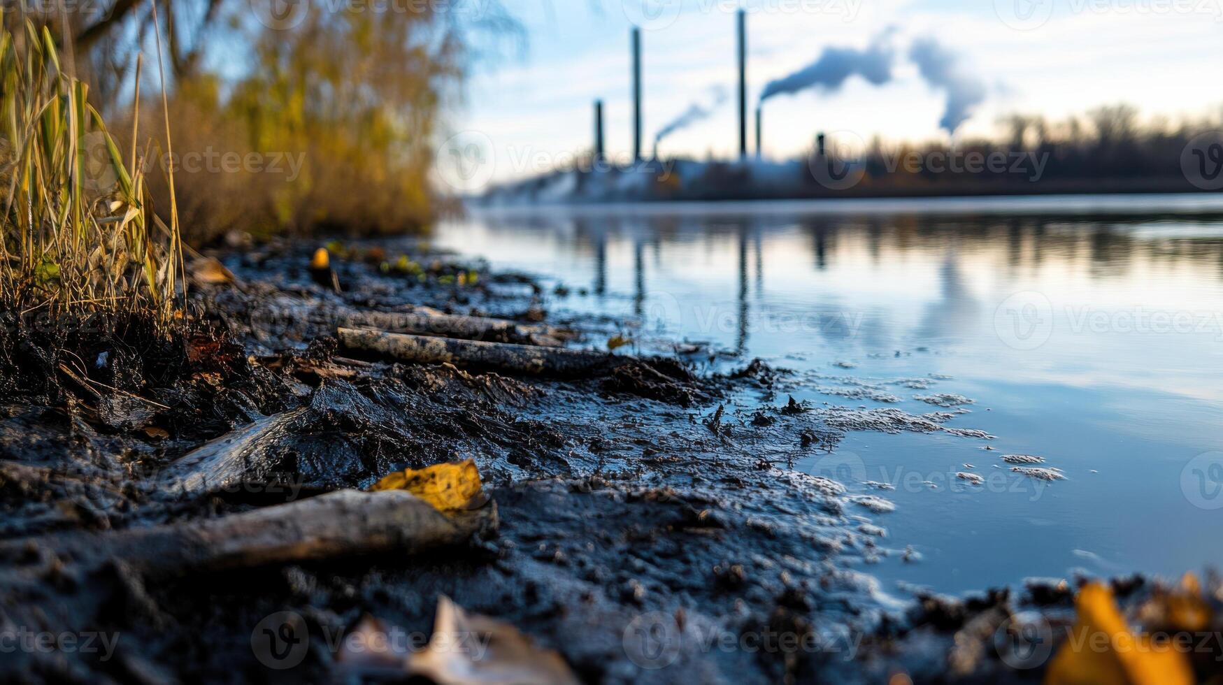 riverbank with industrial sludge and smokestacks in view photo