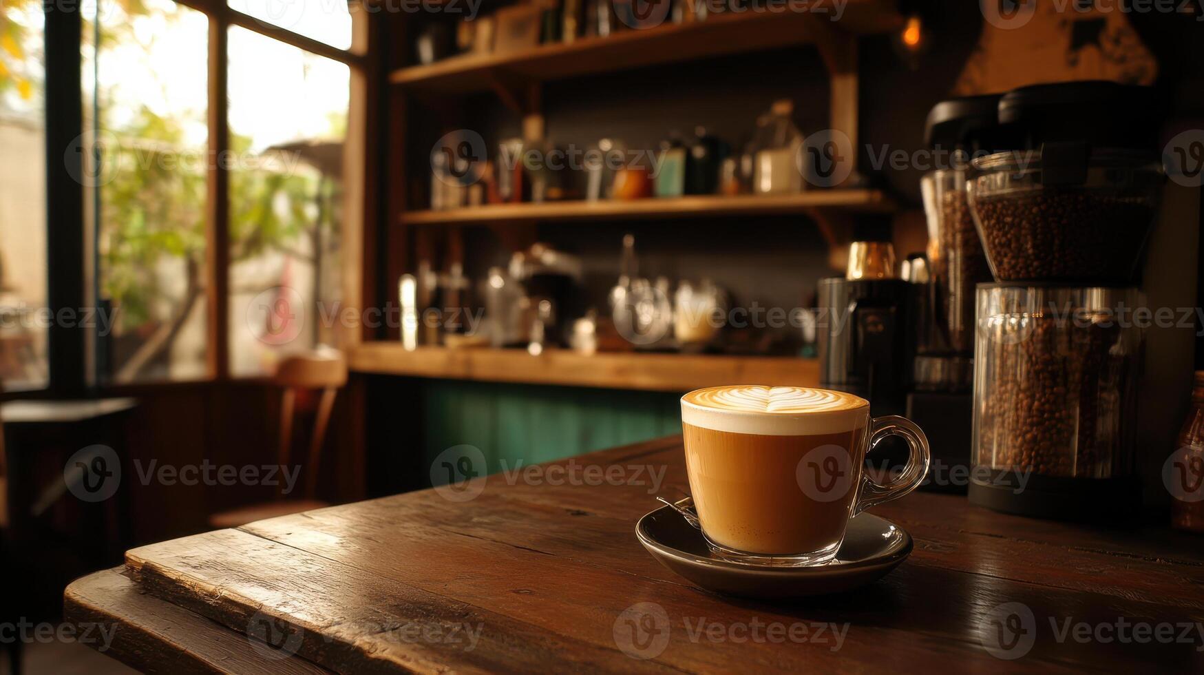 A cup of coffee sits on a table photo