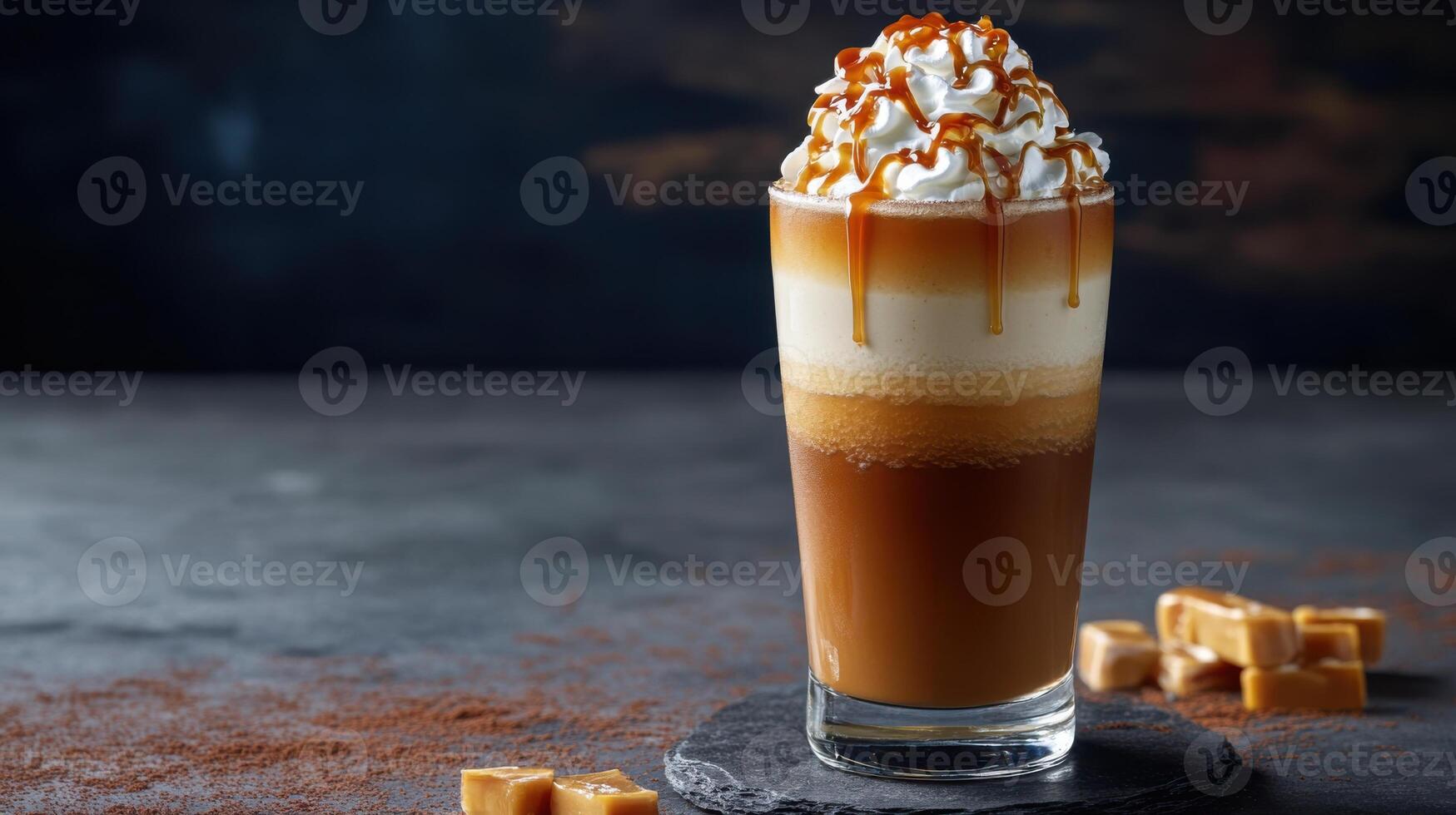 Creamy caramel milkshake with layers and whipped cream topping photo