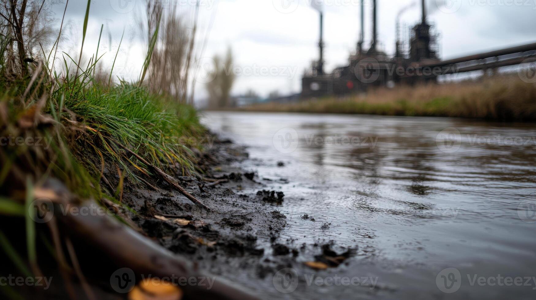 riverbank with oily water near industrial factory photo