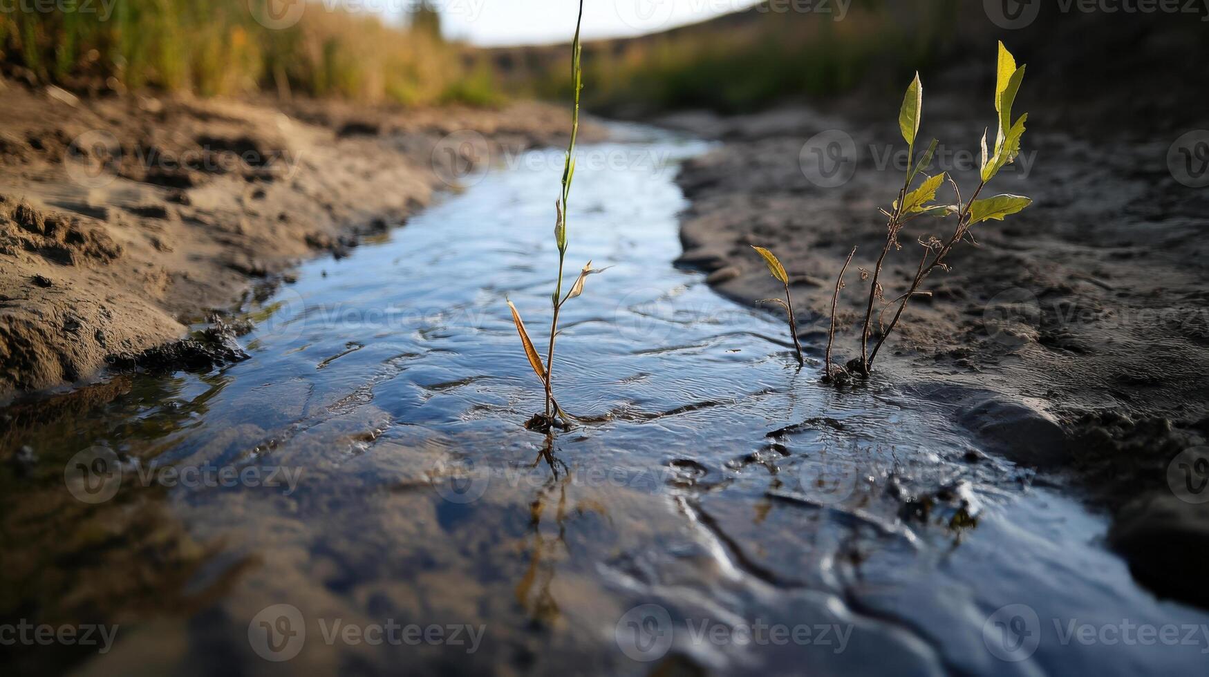 Dried riverbed with wilting plants and shallow water photo