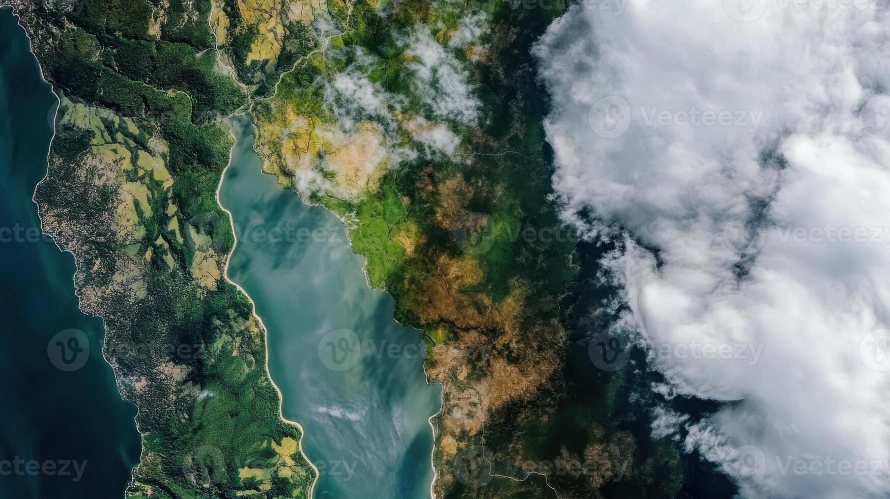 Vast green landscapes and water bodies captured from above photo