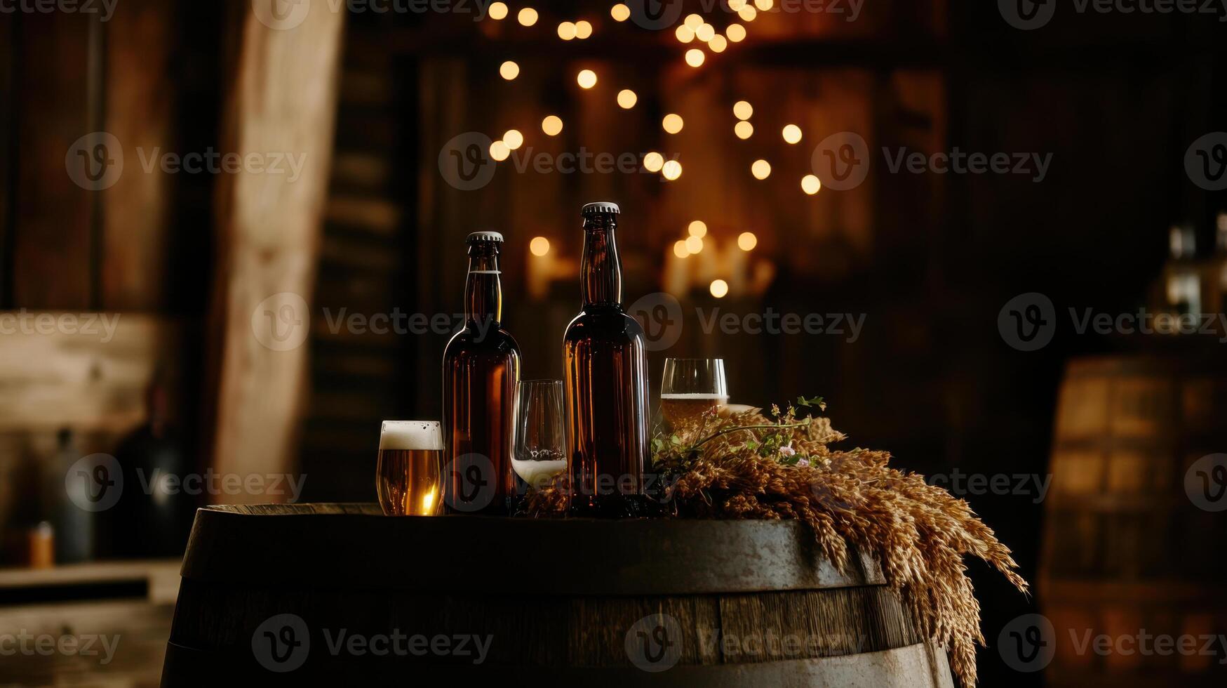 Rustic barn setting with beer bottles and glasses on barrel photo