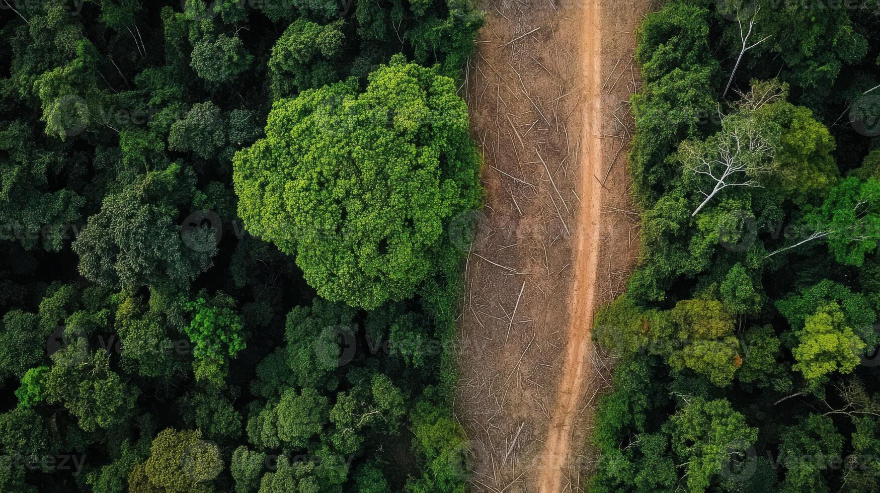 Aerial view of deforestation with dirt path in forest photo
