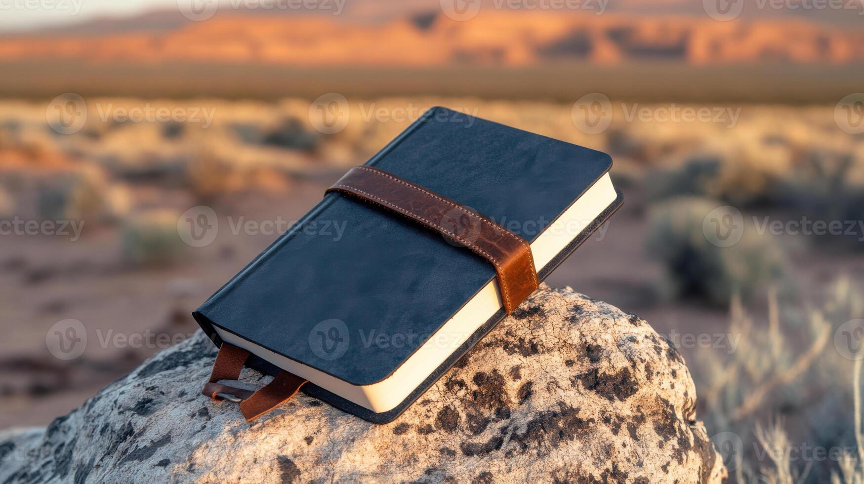 rugged journal resting on rock in desert landscape photo