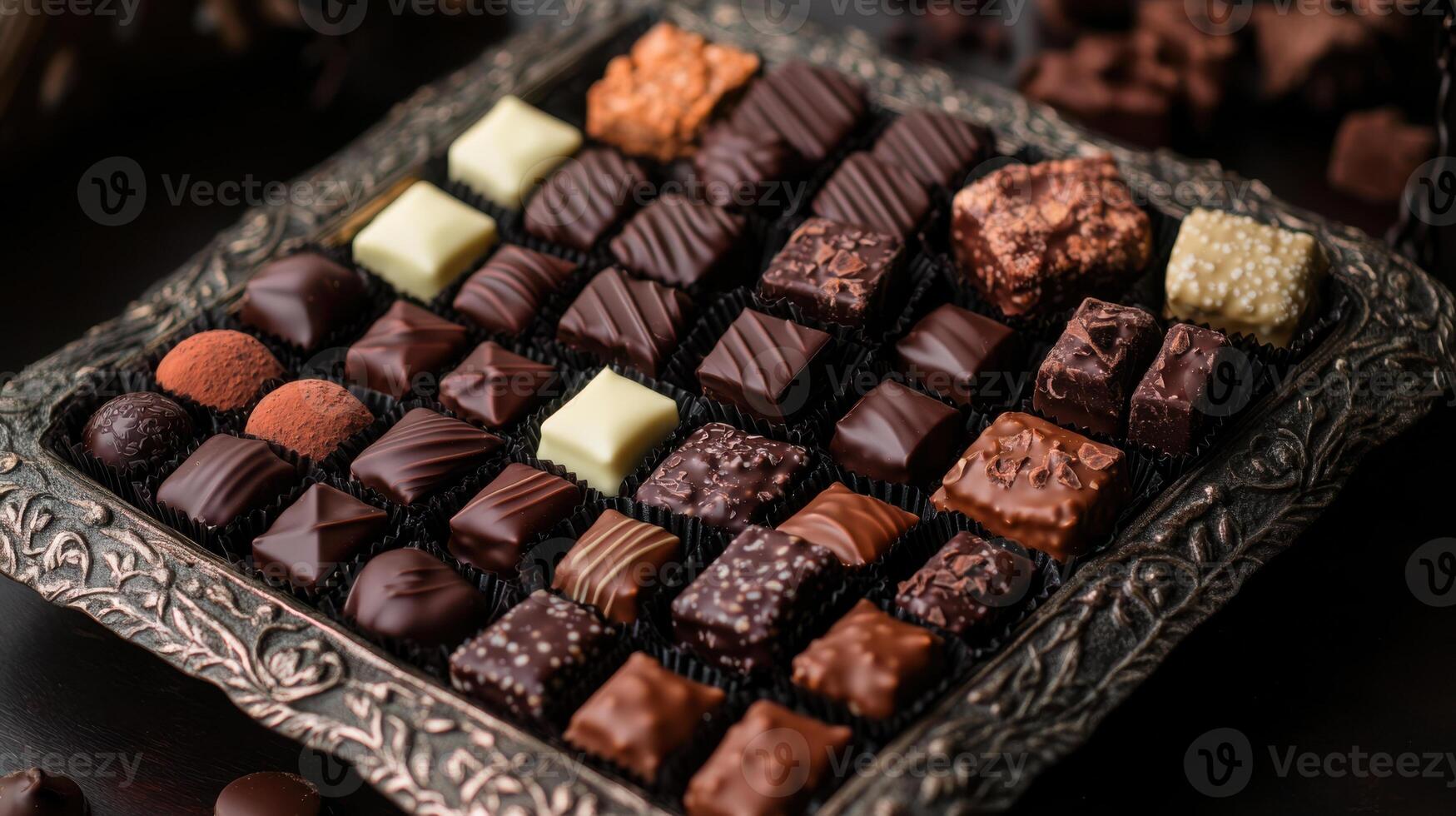 A tray of assorted chocolates on a table photo