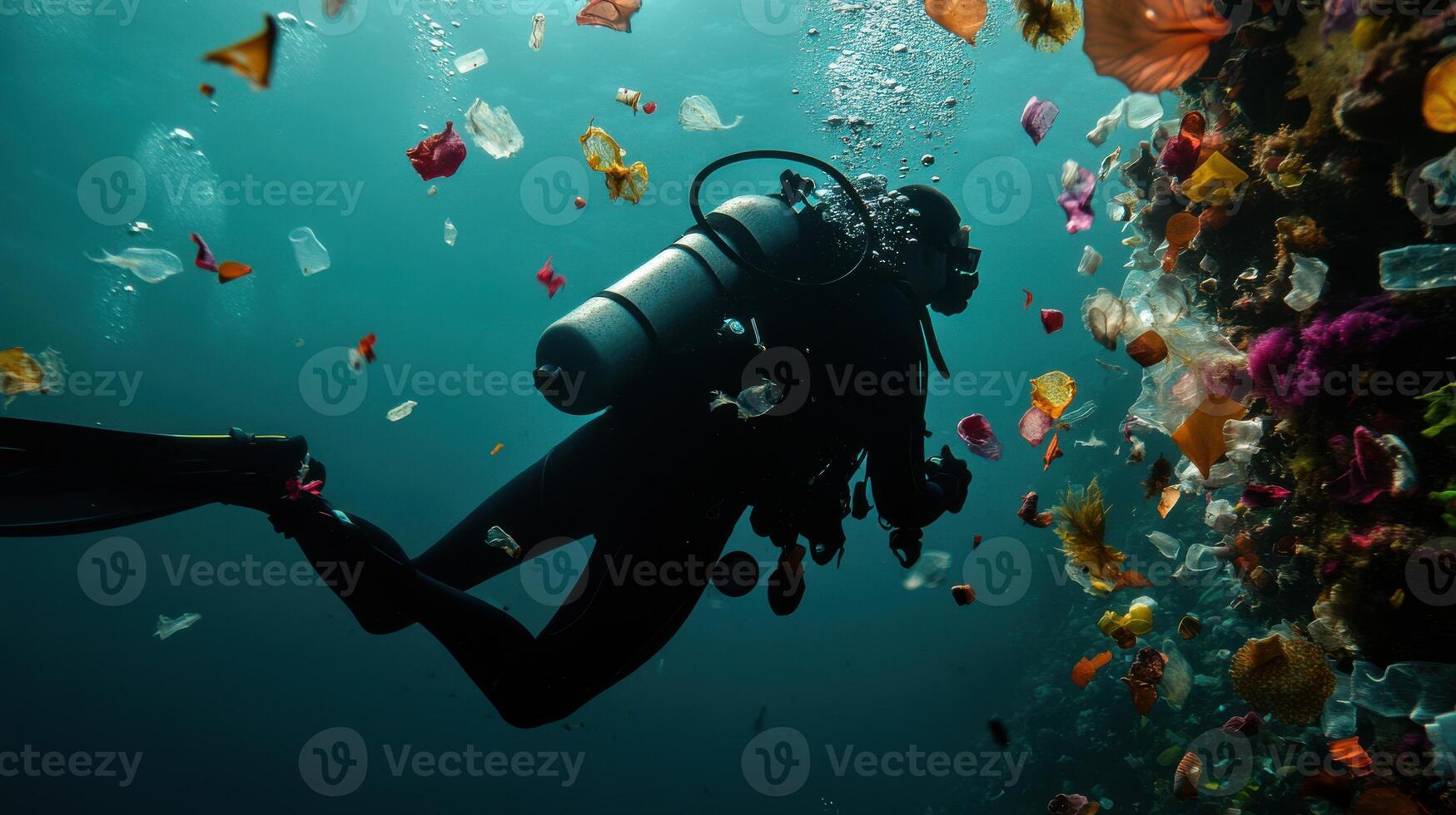 A scuba diver in the ocean with many plastic items photo