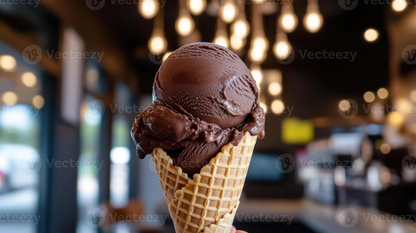 Delicious chocolate ice cream cone with creamy texture photo