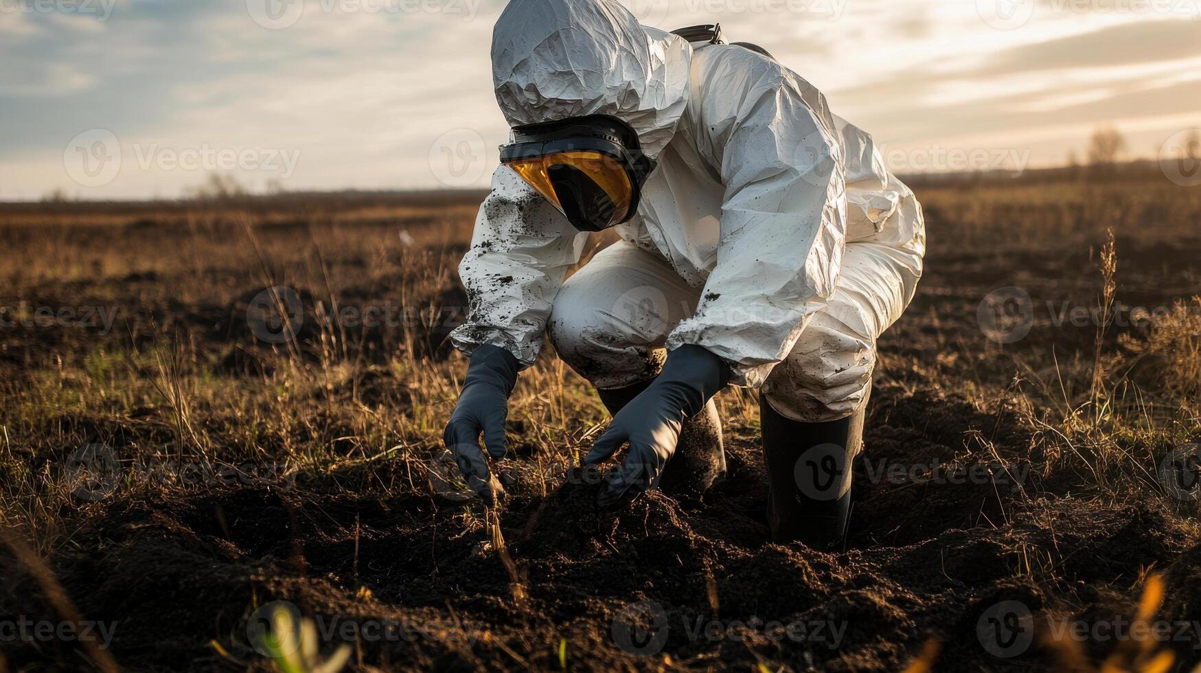 A man in a protective suit and gas mask is digging in the dirt photo