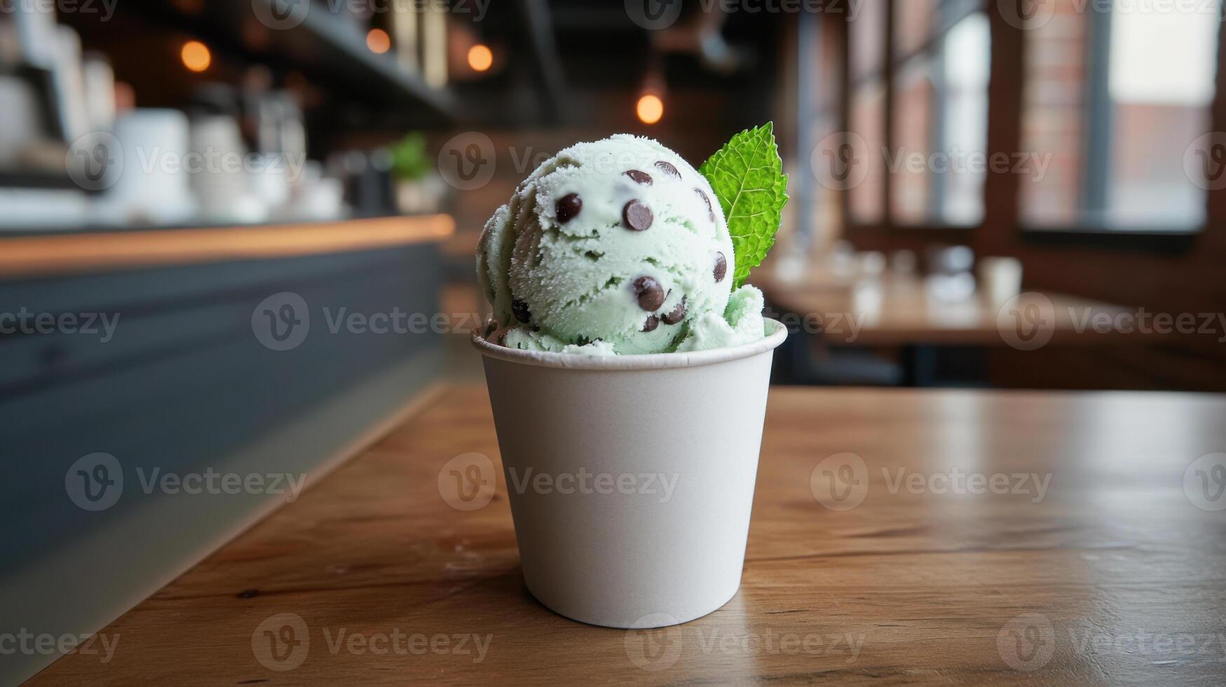 Mint chocolate chip ice cream in cup with mint leaf photo