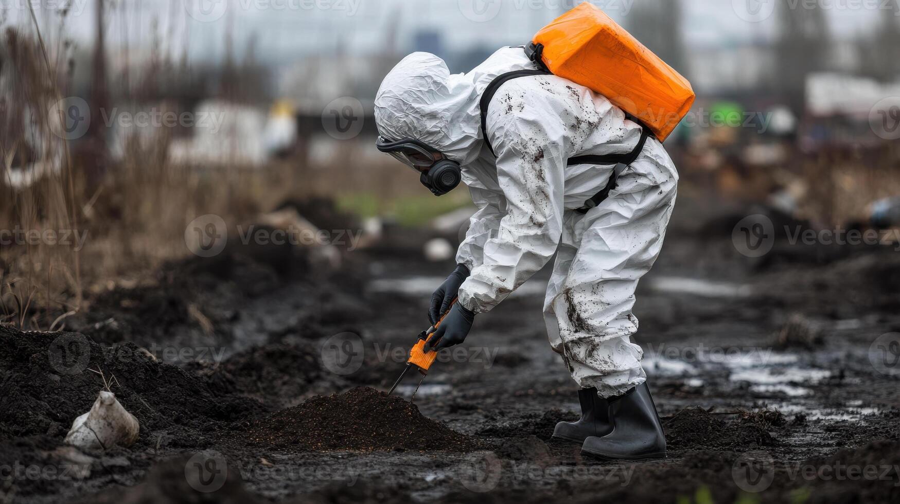 A man in a gas mask and protective suit is digging in the dirt photo