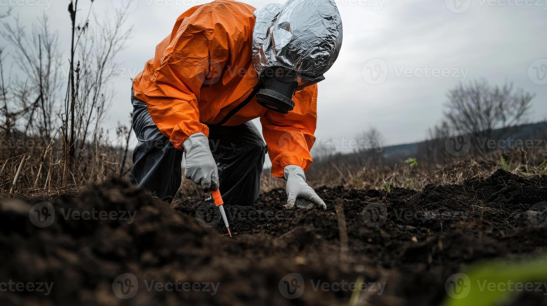 A man in an orange jacket and protective gear is digging in the dirt photo
