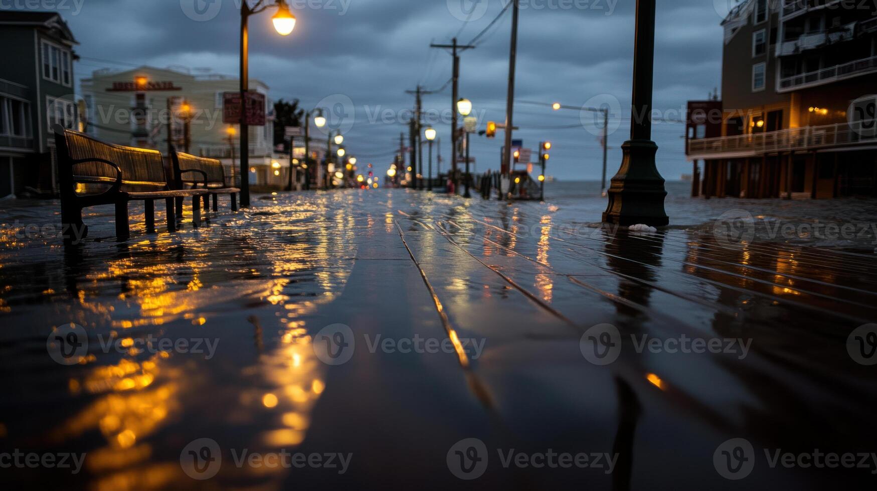 flooded seaside boardwalk at dusk with reflections photo