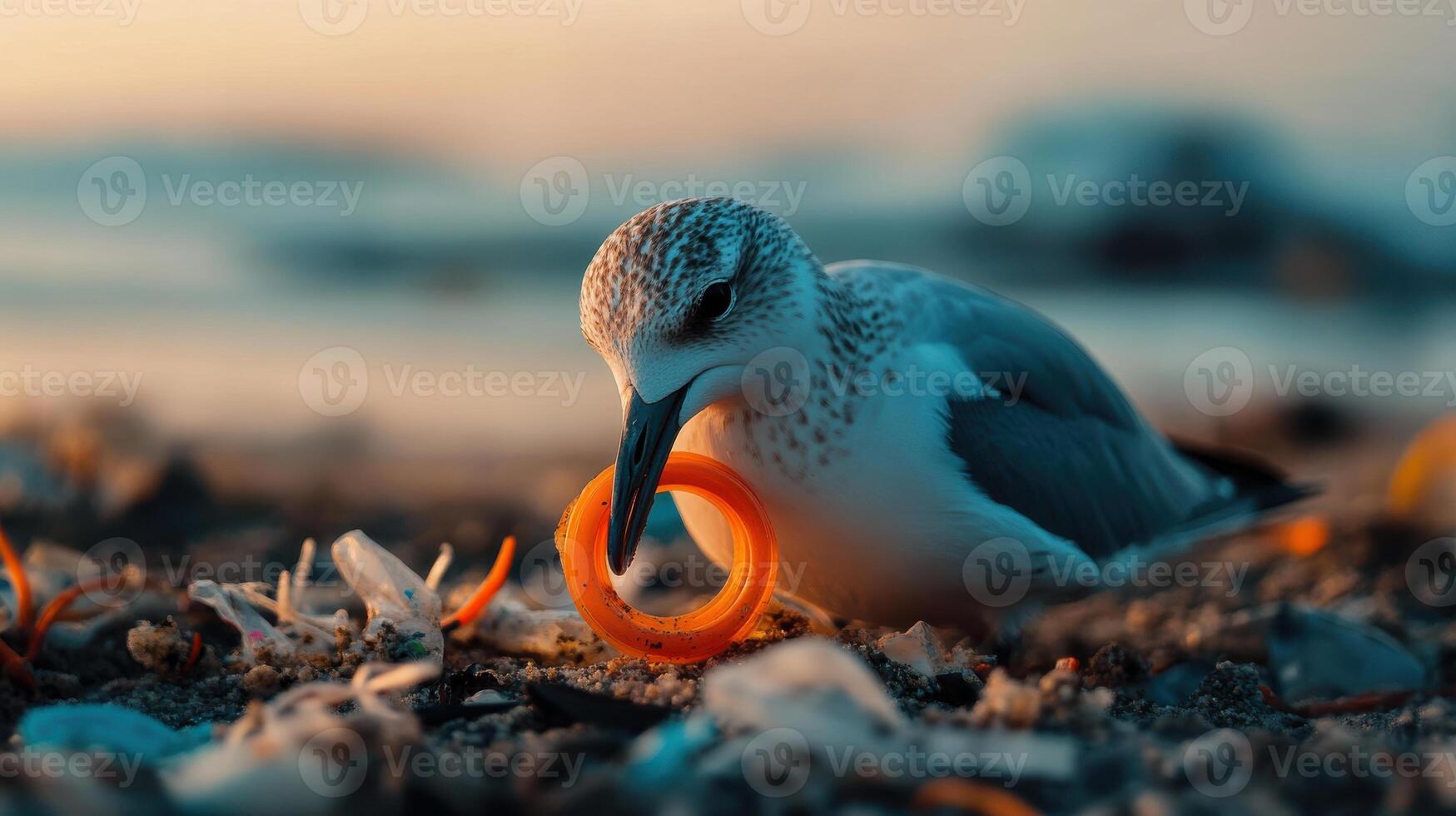 seabird struggles with plastic ring on beach photo