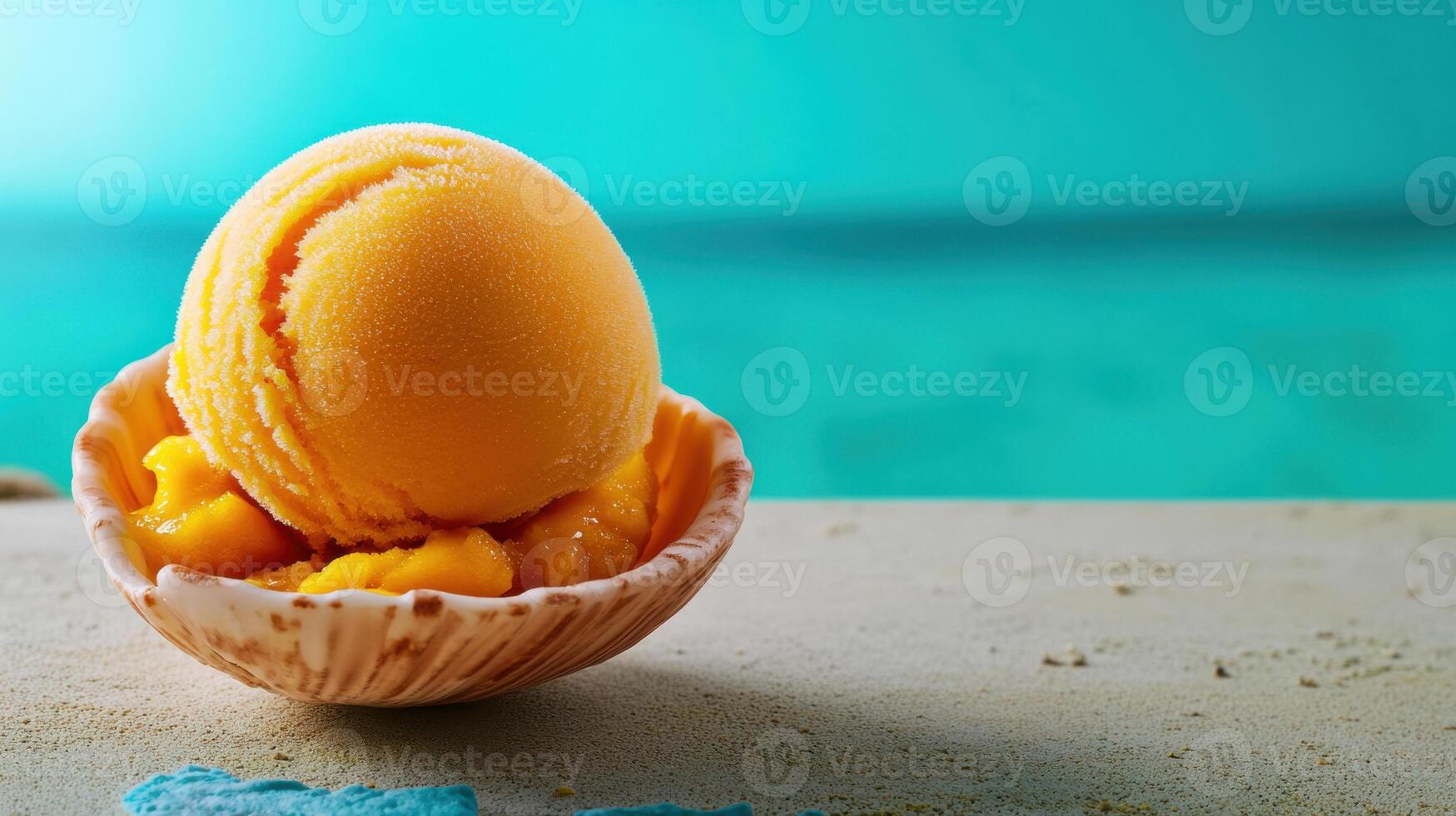 scoop of mango sorbet in shell on beach setting photo