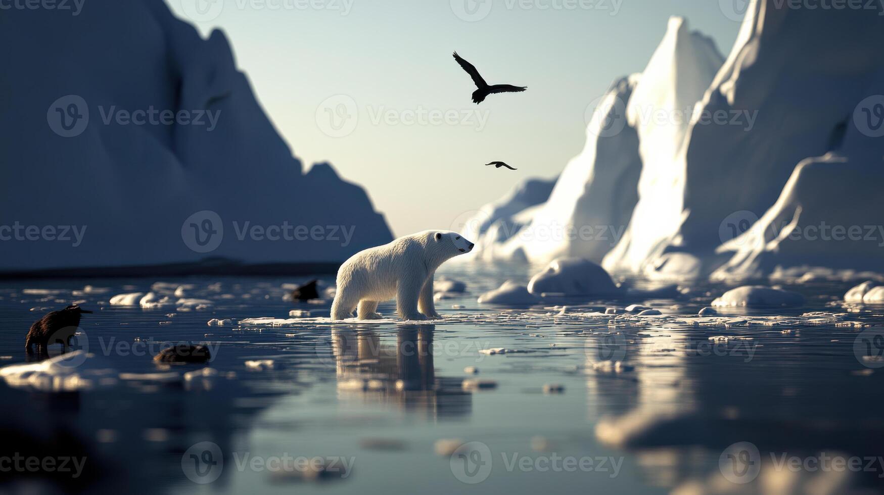 polar bear stands on ice shelf surrounded by water and birds photo