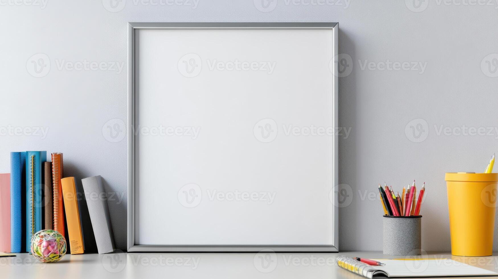 Blank white frame with books and pencils on a table photo