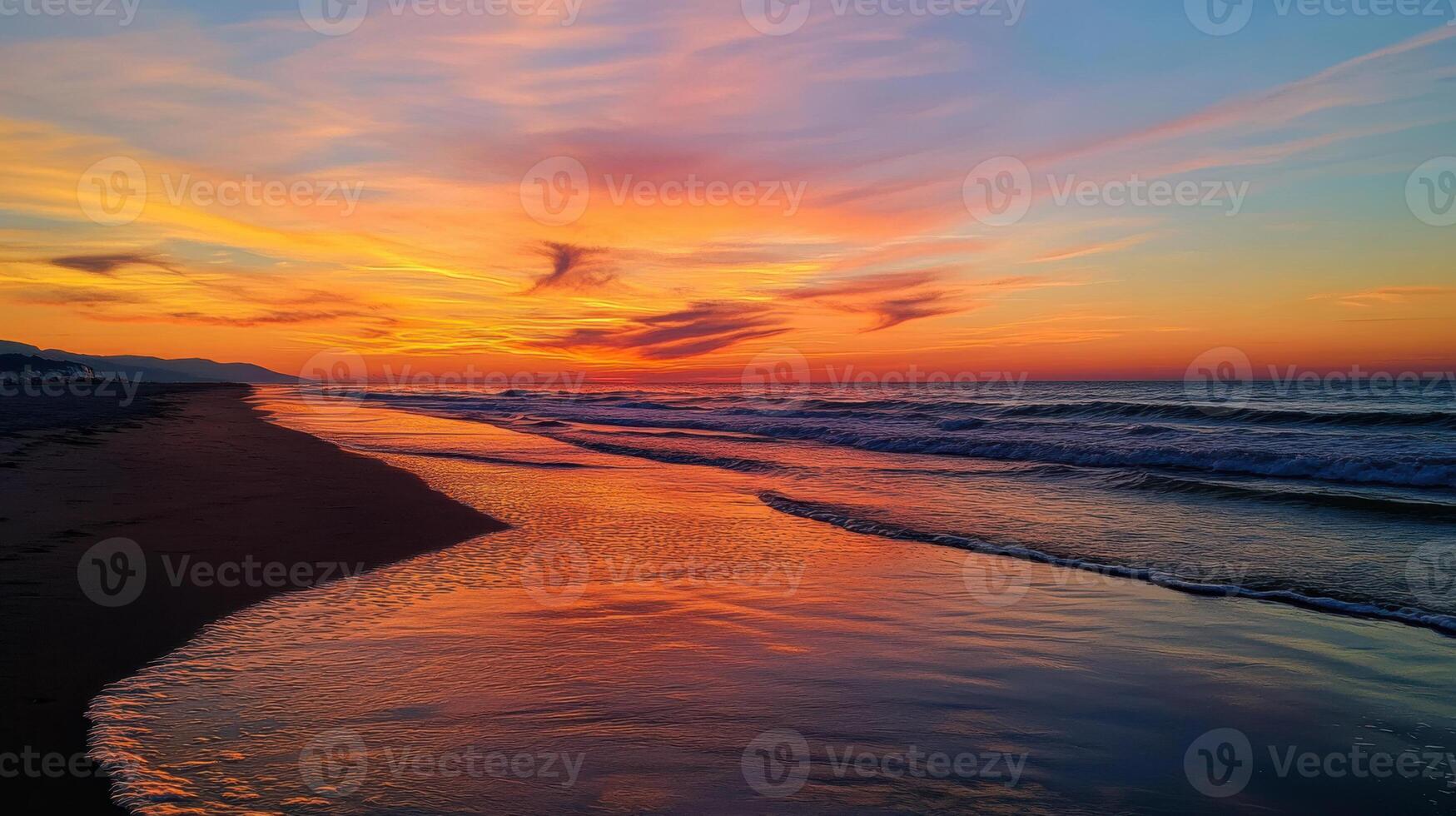 serene sunset at beach with vibrant colors reflecting on water photo
