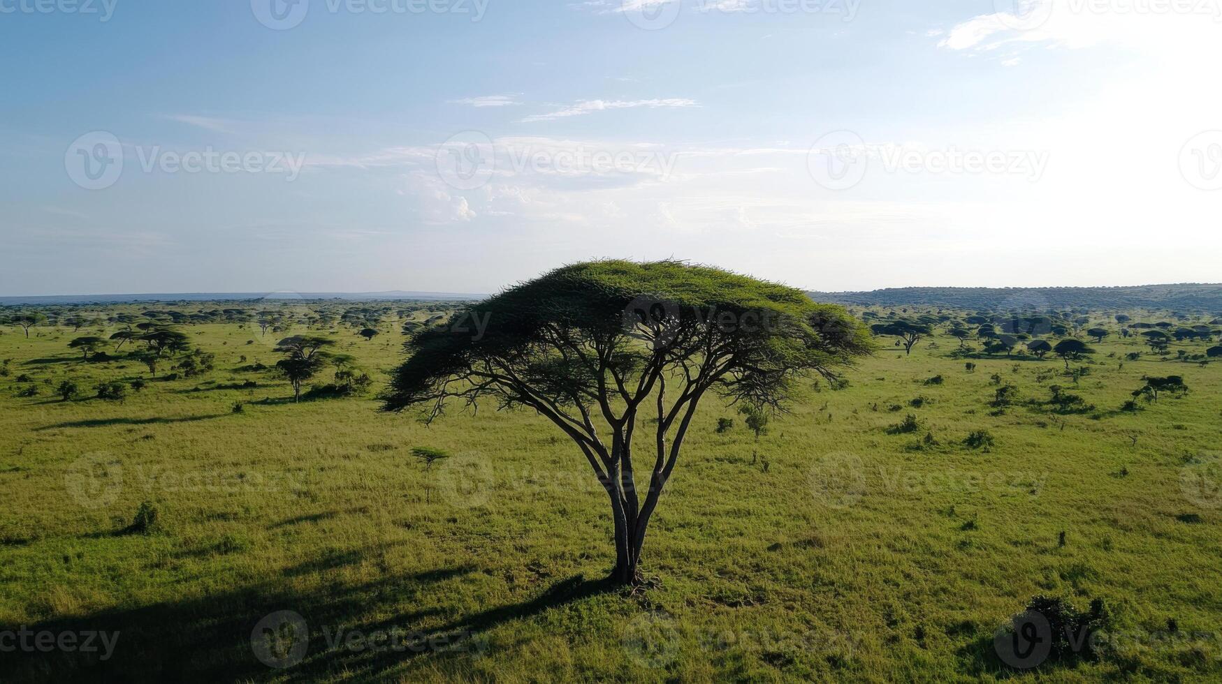 solitary acacia tree in vast green savanna landscape photo
