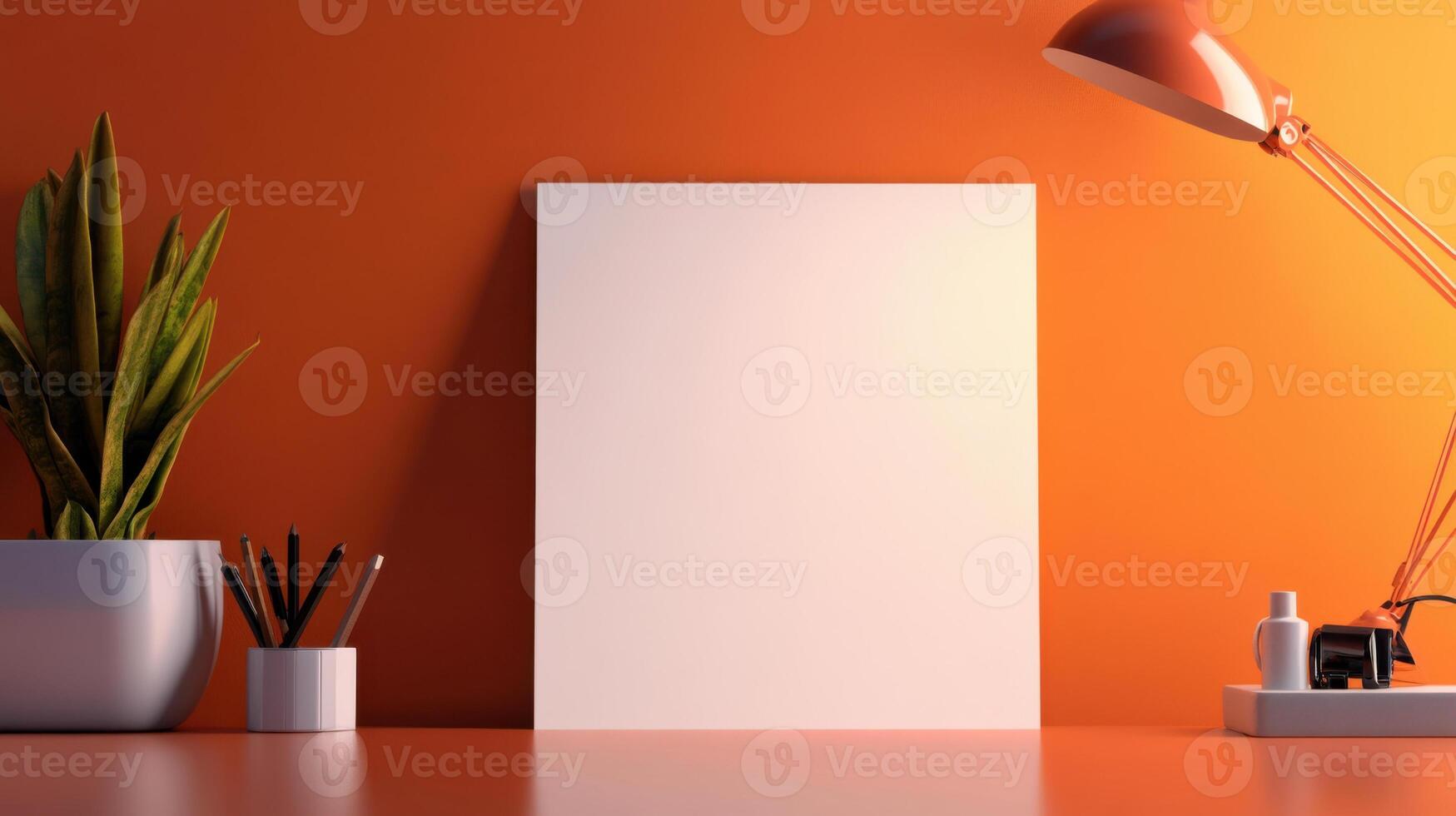 blank note paper on desk with plant and lamp photo