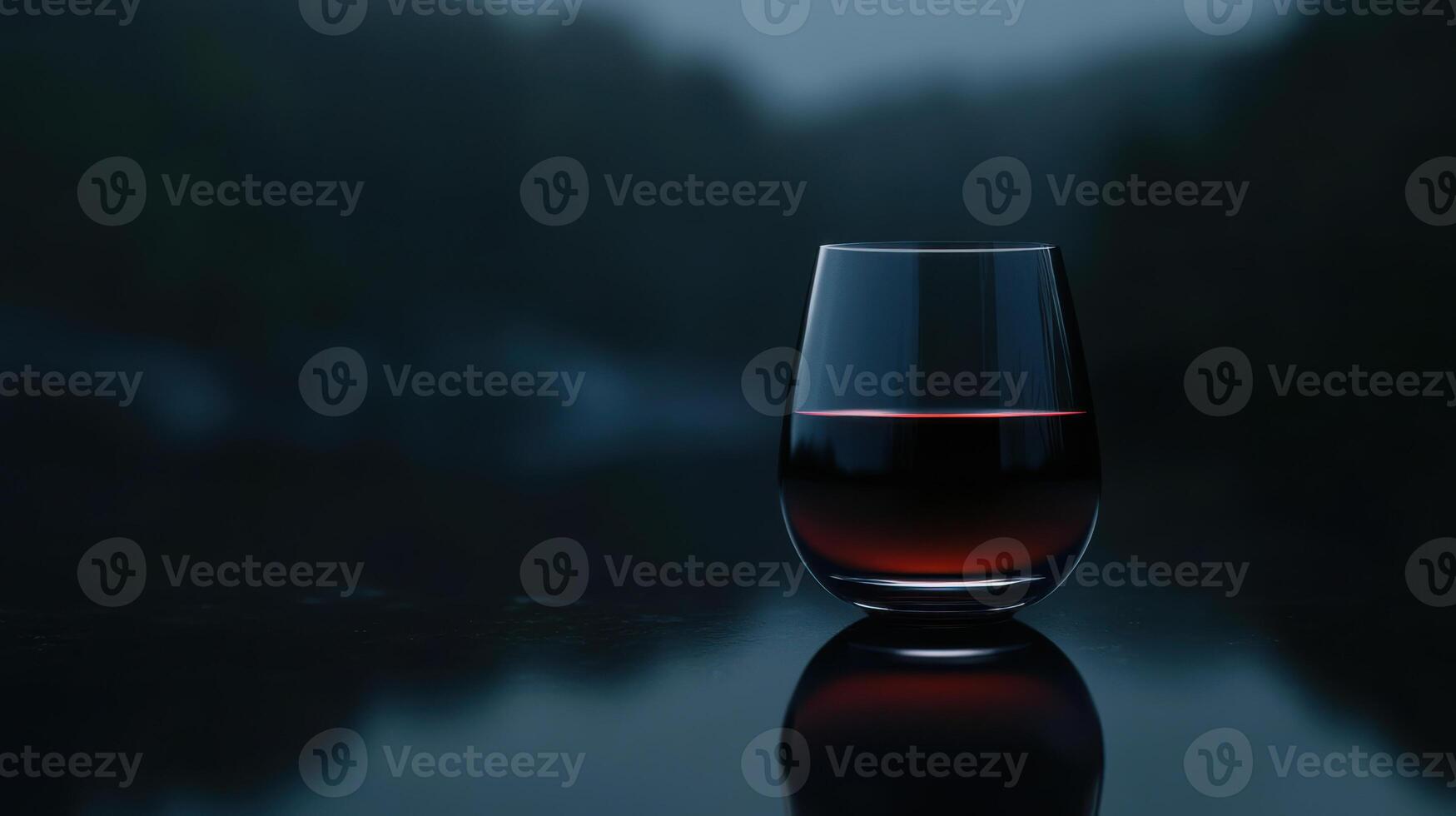 glass of deep red wine reflecting in dim light photo