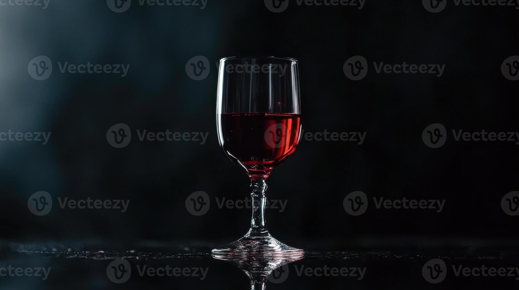 single glass of deep red wine on dark reflective surface photo