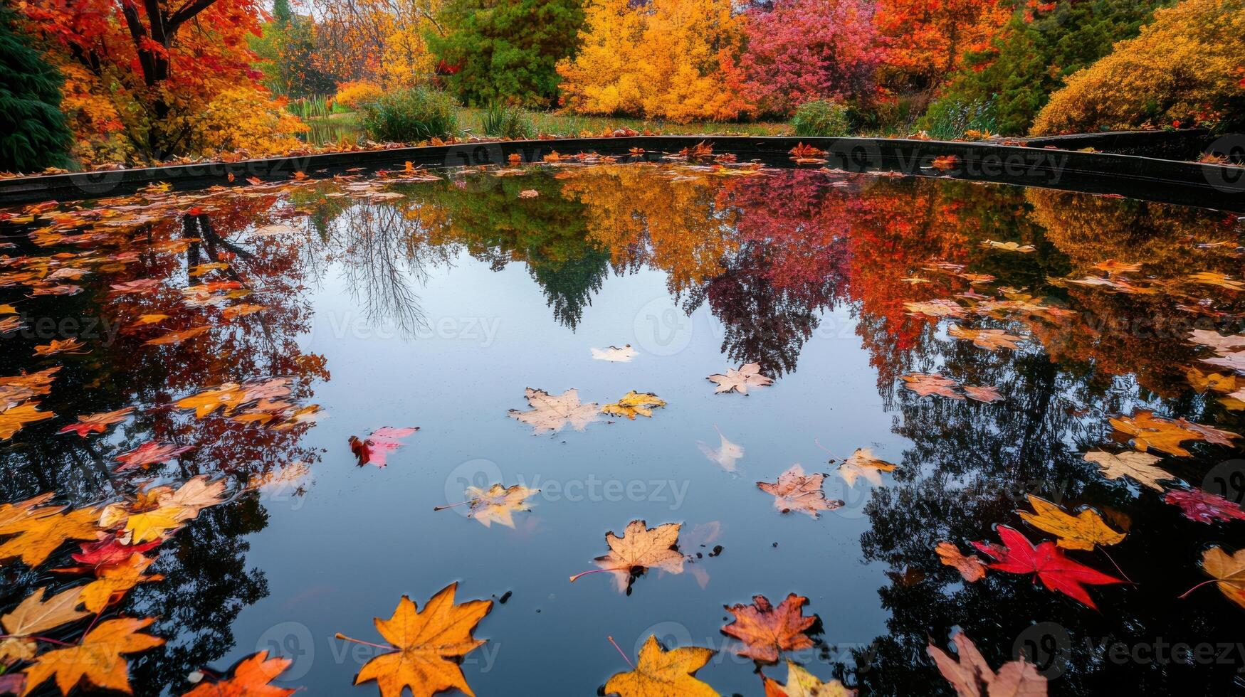 serene pond reflecting vibrant autumn foliage and leaves photo